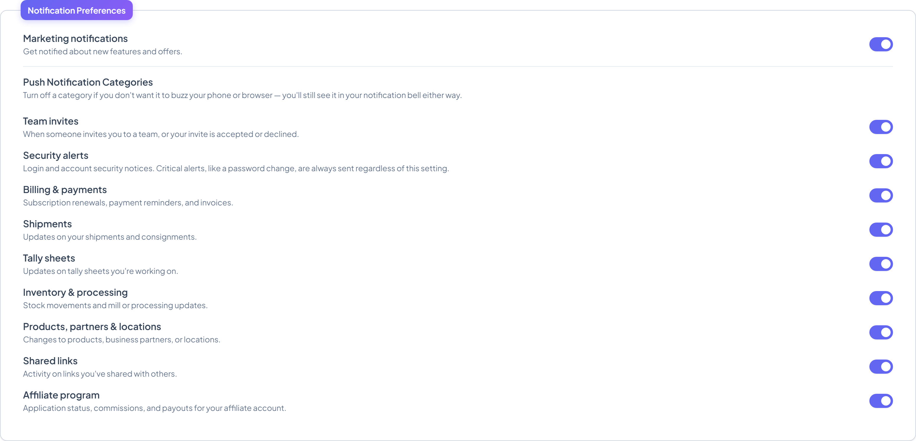 Notification Preferences panel