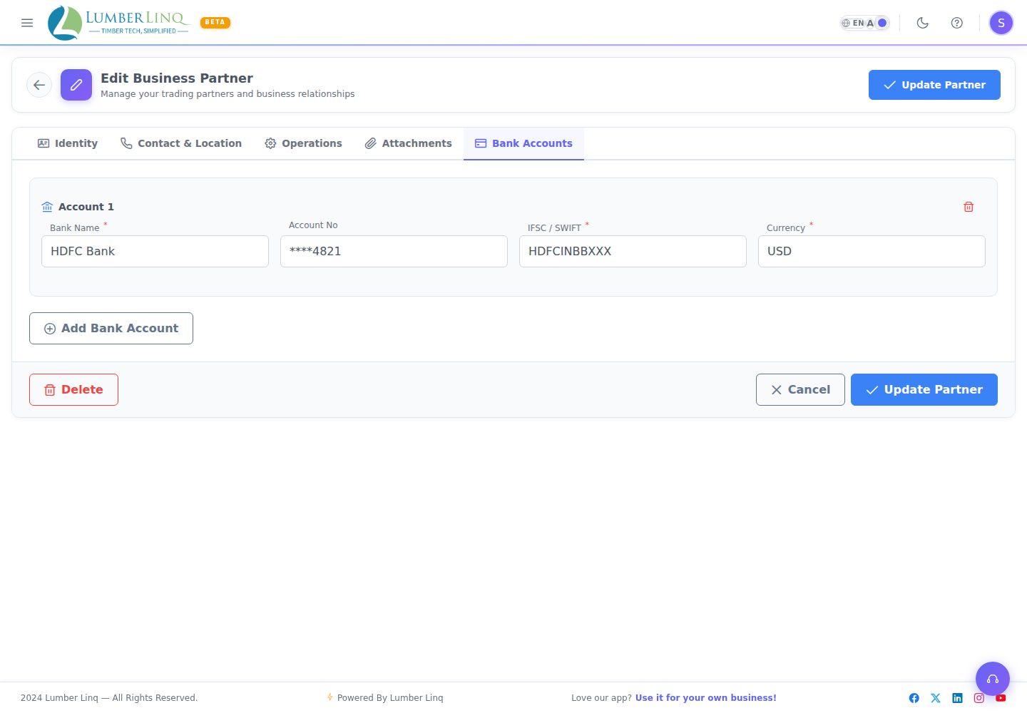 Edit Bank Accounts tab
