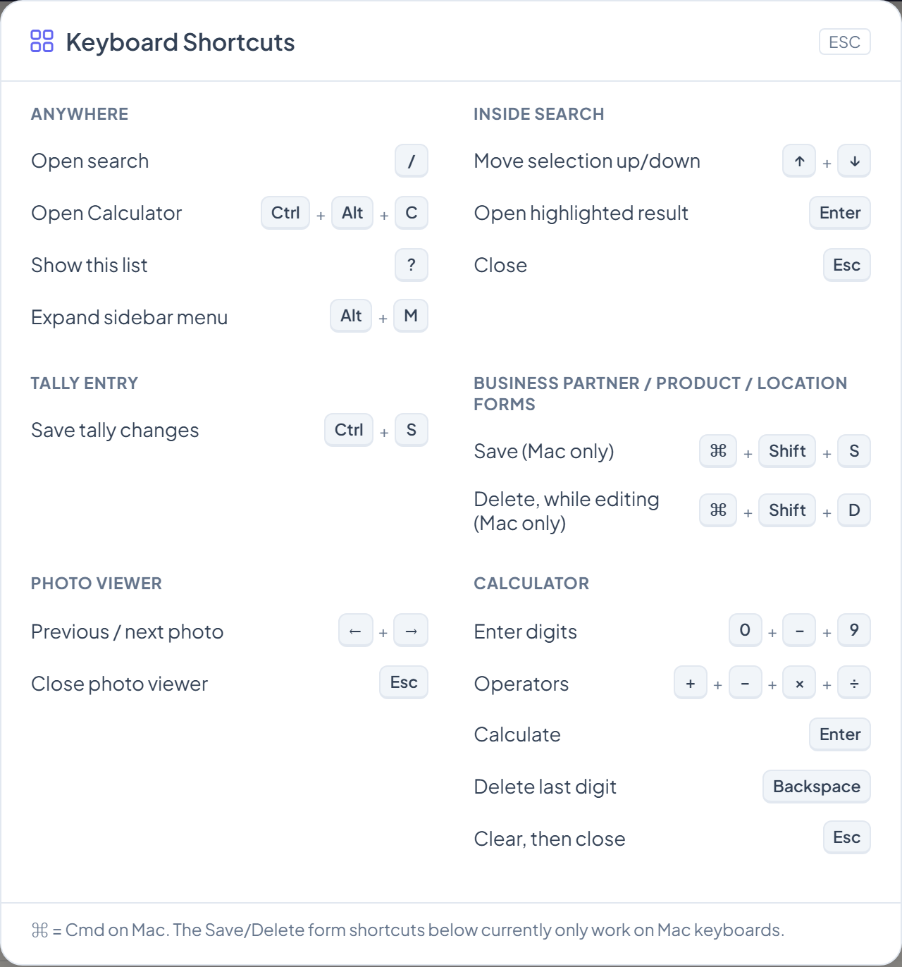 Keyboard Shortcuts dialog