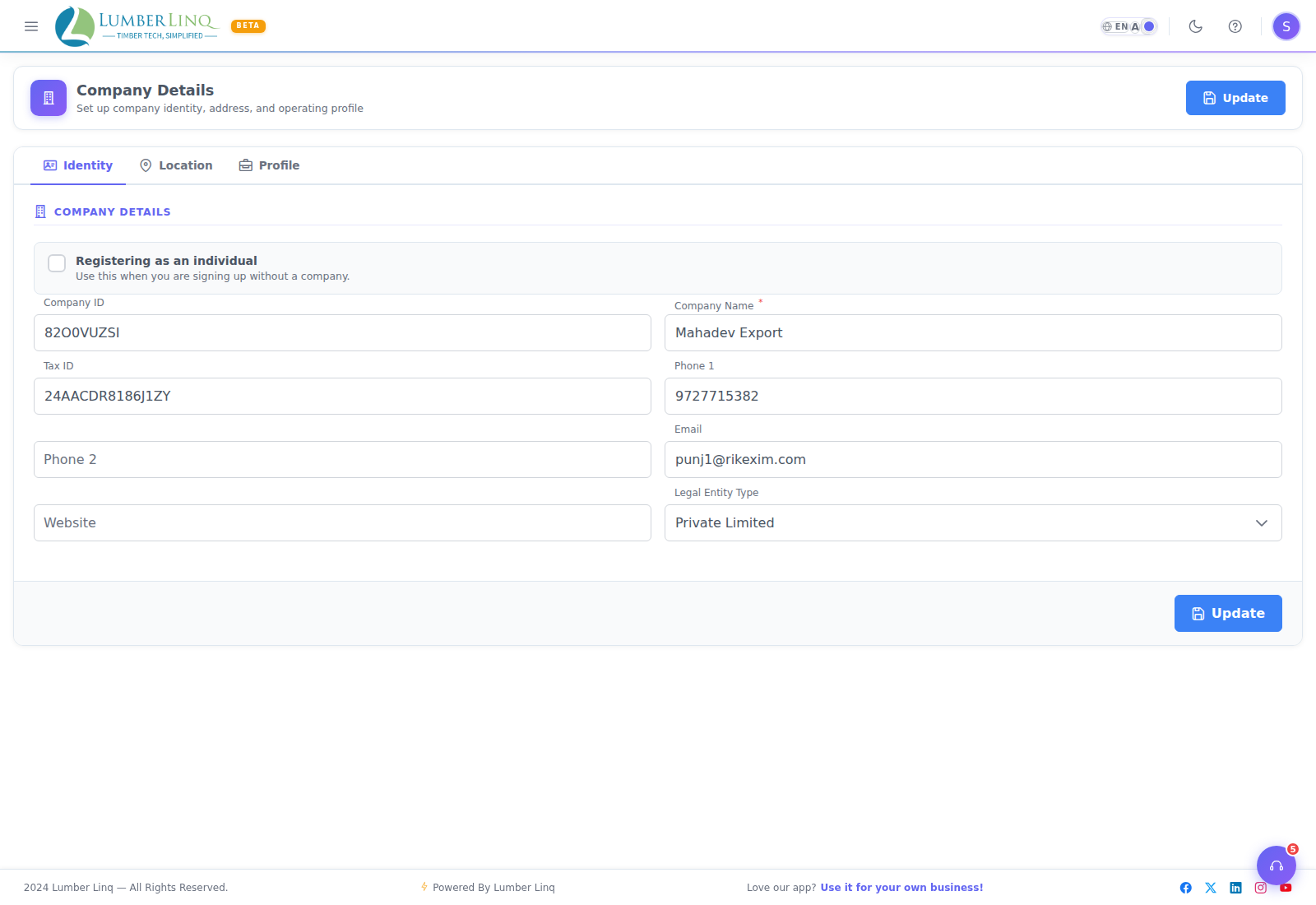 Identity tab — Company ID