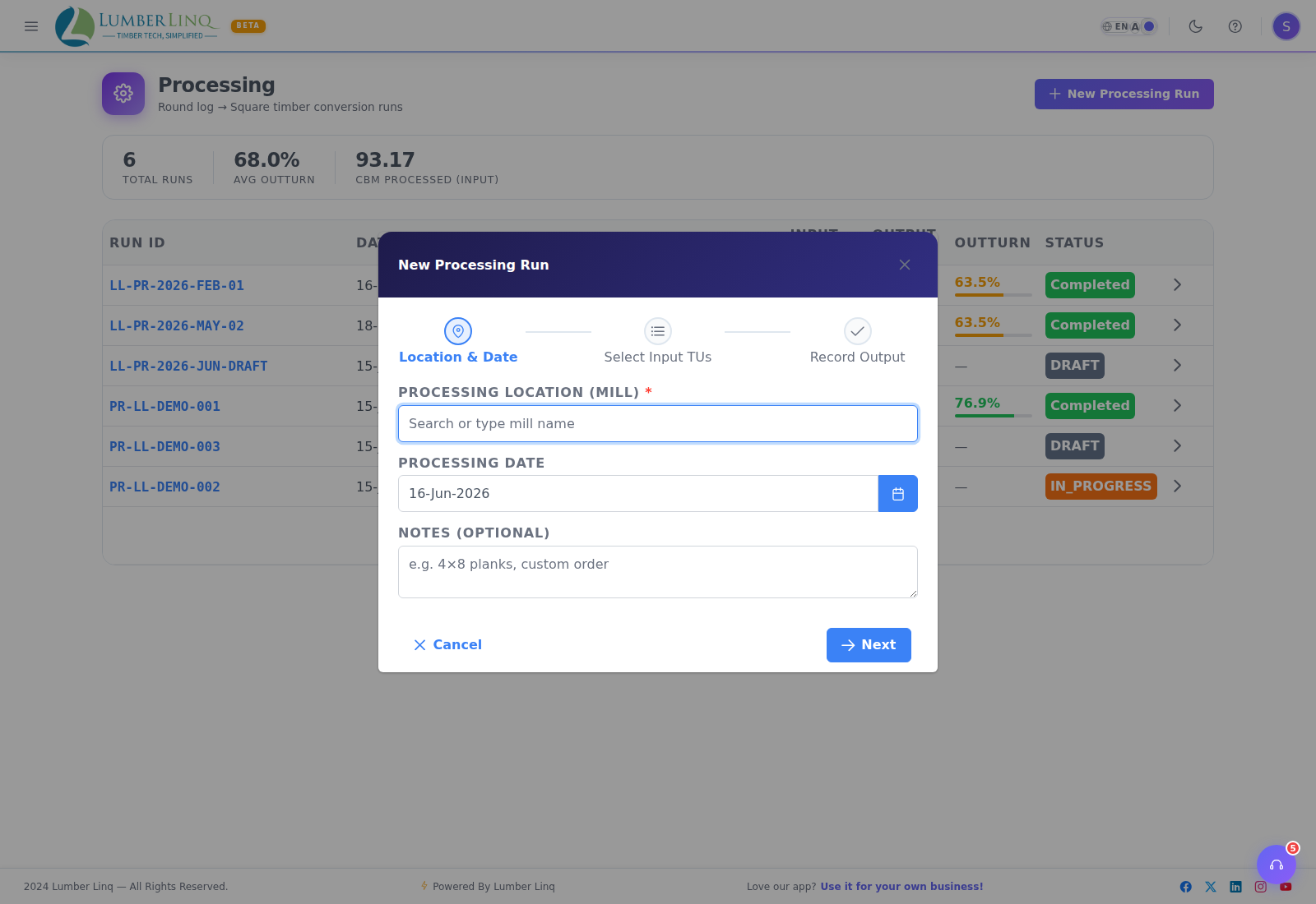 New processing run — step 1