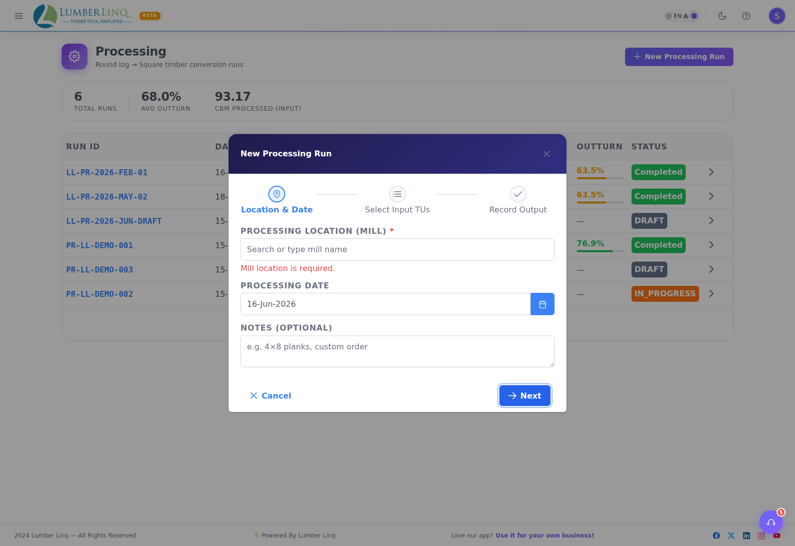 New processing run — select input Stock Units