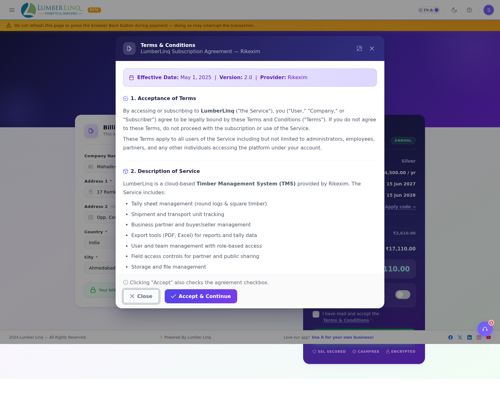 Terms dialog