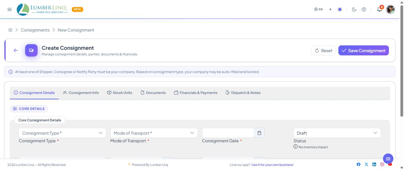 Create consignment — details tab