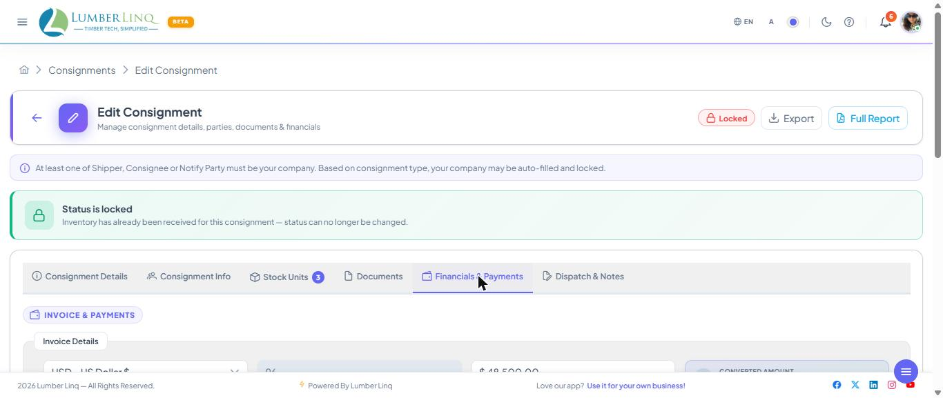 Financials & payments tab