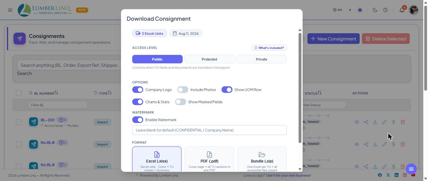 Export dialog