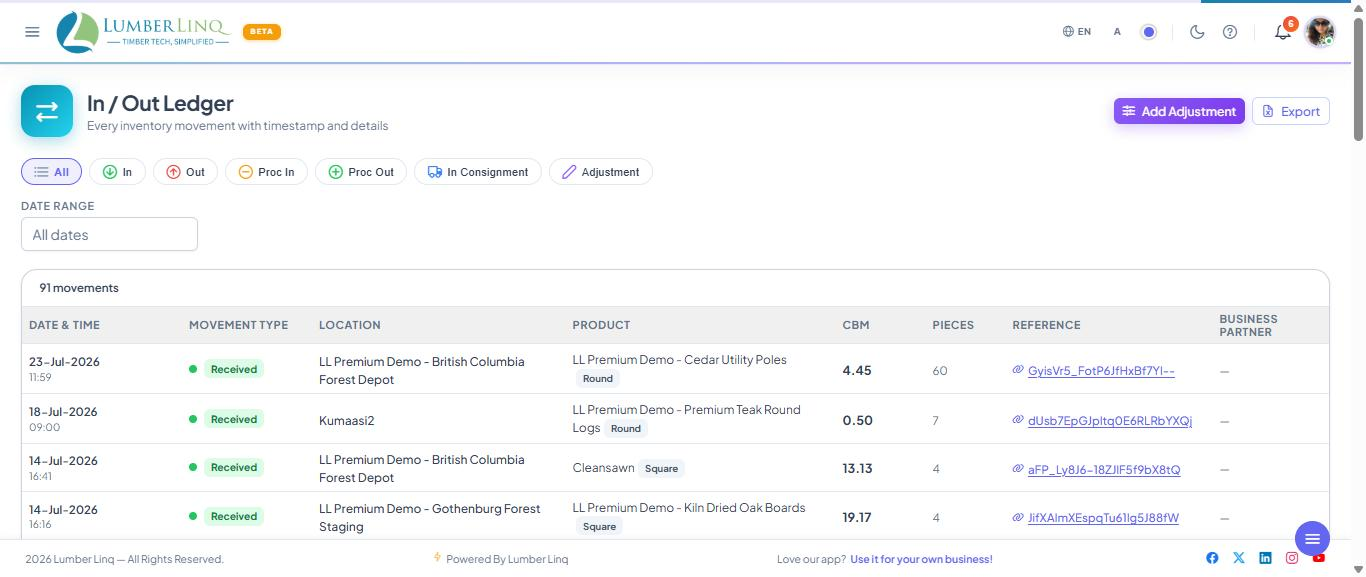 Inventory in/out ledger