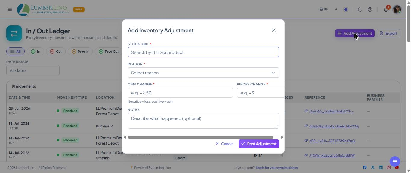 Inventory adjustment dialog