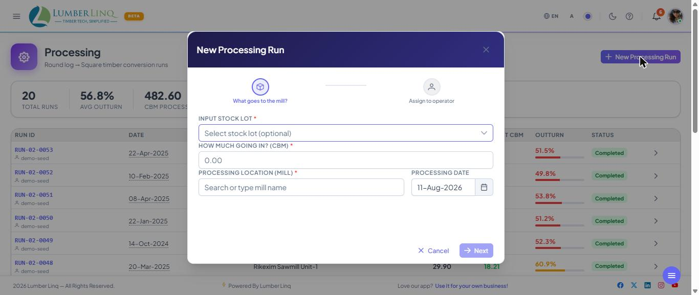 Processing run wizard
